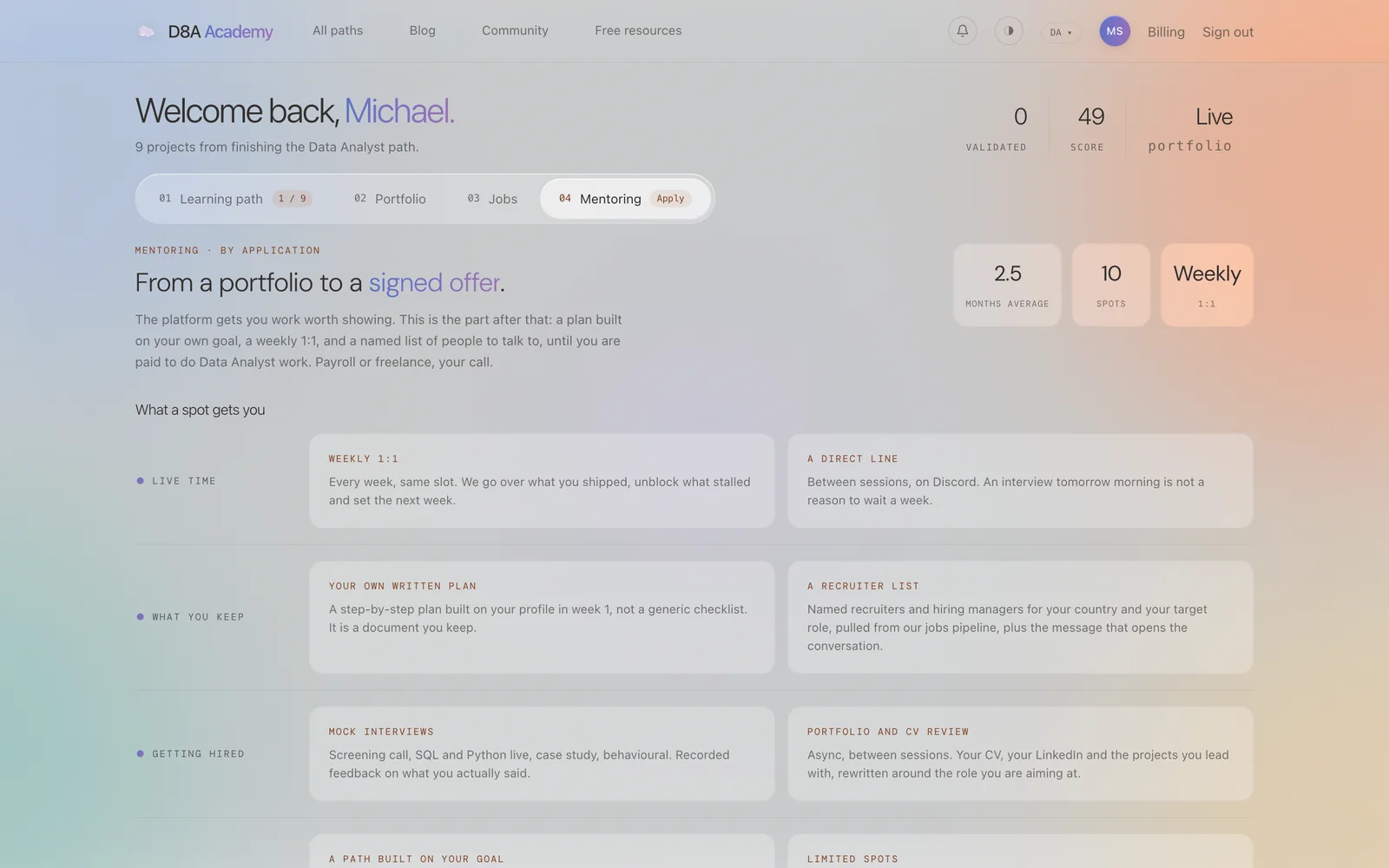 The Mentoring tab: what a spot gets you, and the apply button.